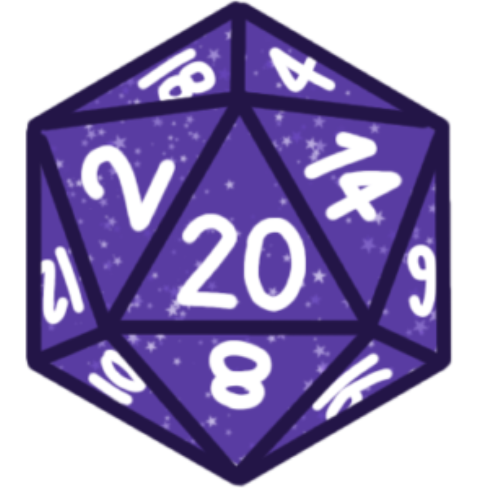 A twenty sided dice with white numbers on each side. the dice is purple in color with what looks like star shaped glitter in it.